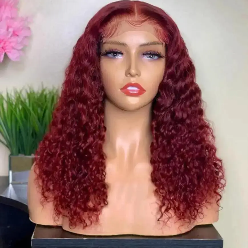 

Long Wine 99j Soft 26Inch 180Density Glueless Kinky Curly Lace Front Wig For Women BabyHair Heat Resistant Preplucked Daily Wig