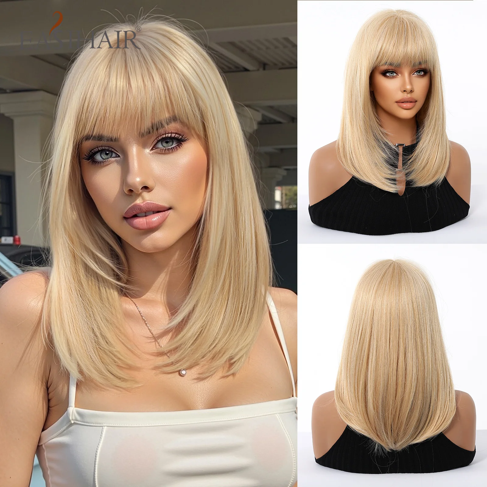 

EASIHAIR Blonde Golden Straight Synthetic Wig with Bangs Shoulder Length Natural Hair Cosplay Wigs for Women Heat Resistant Use