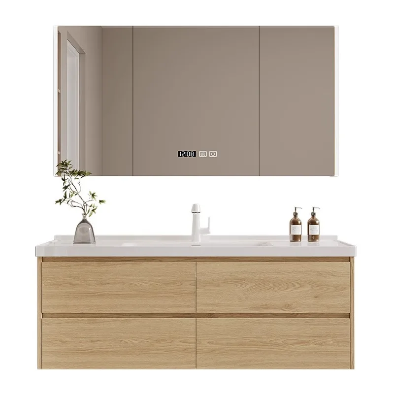

Integrated basin Japanese log wind light luxury bathroom cabinet sink