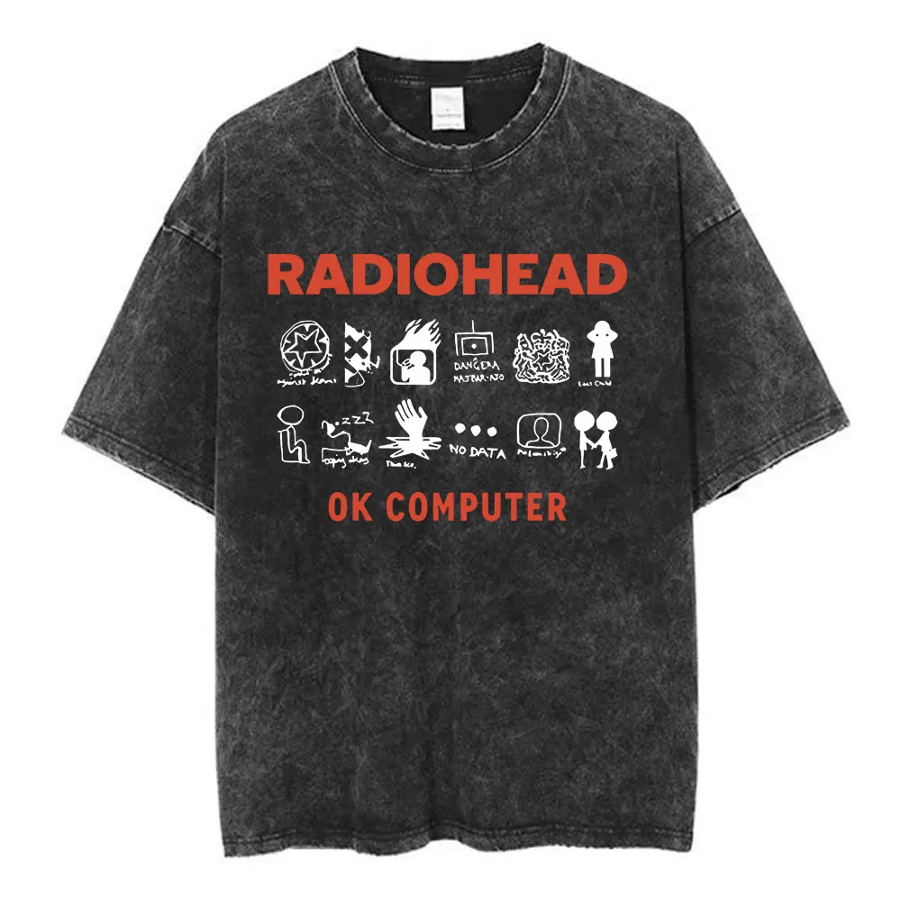 Radiohead Rock Band OK Computer Vintage Washed T-shirt Men Women Fashion Hip Hop T Shirts 100% Cotton Casual T-shirts Streetwear