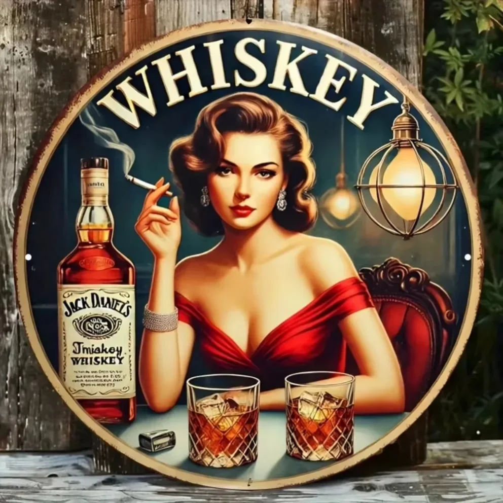 لوحة صفيح "علامة معدنية مسطحة ثنائية الأبعاد "ويسكي" عتيقة - ديكور بار قديم، يتميز سيدة أنيقة بفستان أحمر #1