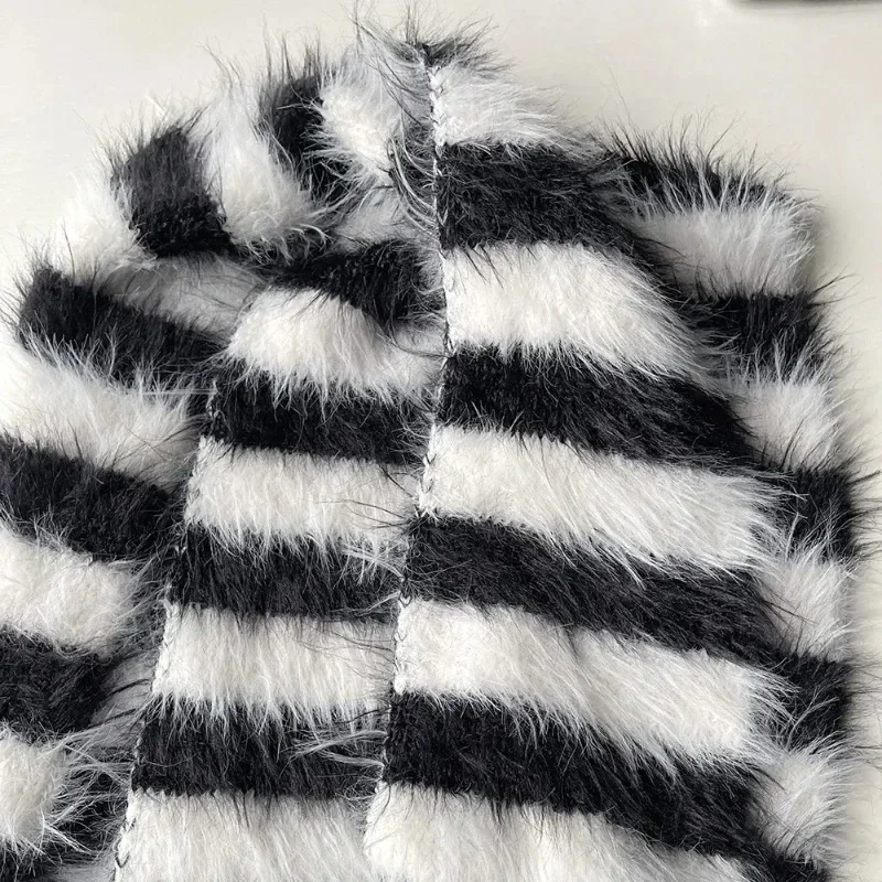 Plush Spinning Mink Black White Striped Knitted Long Scarf Women Winter Warmth Thin and Narrow Long Scarf Neck Protection Shawls