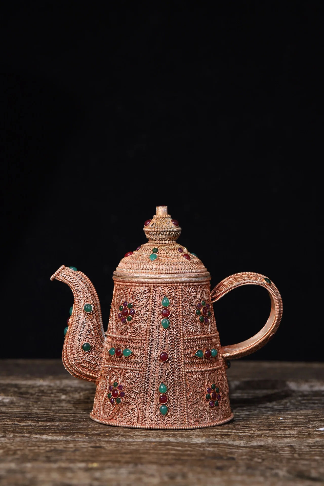 

6"Tibetan Temple Collection Old Tibetan silver filigree Gilt Mosaic Gem gZi Beads Elephant trunk mouth hidden pot flagon kettle