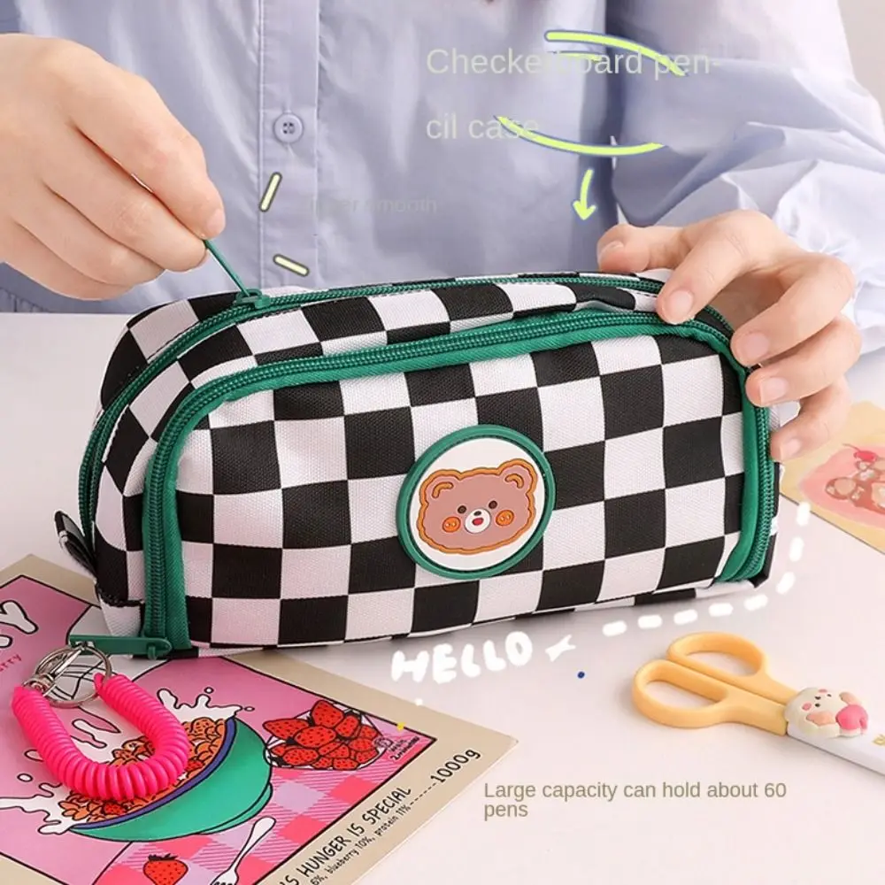 Multifuncional Checkerboard Pencil Case Canvas Large Capacity Pencil Bag Cartoon Cute Stationery Storage Bag Student