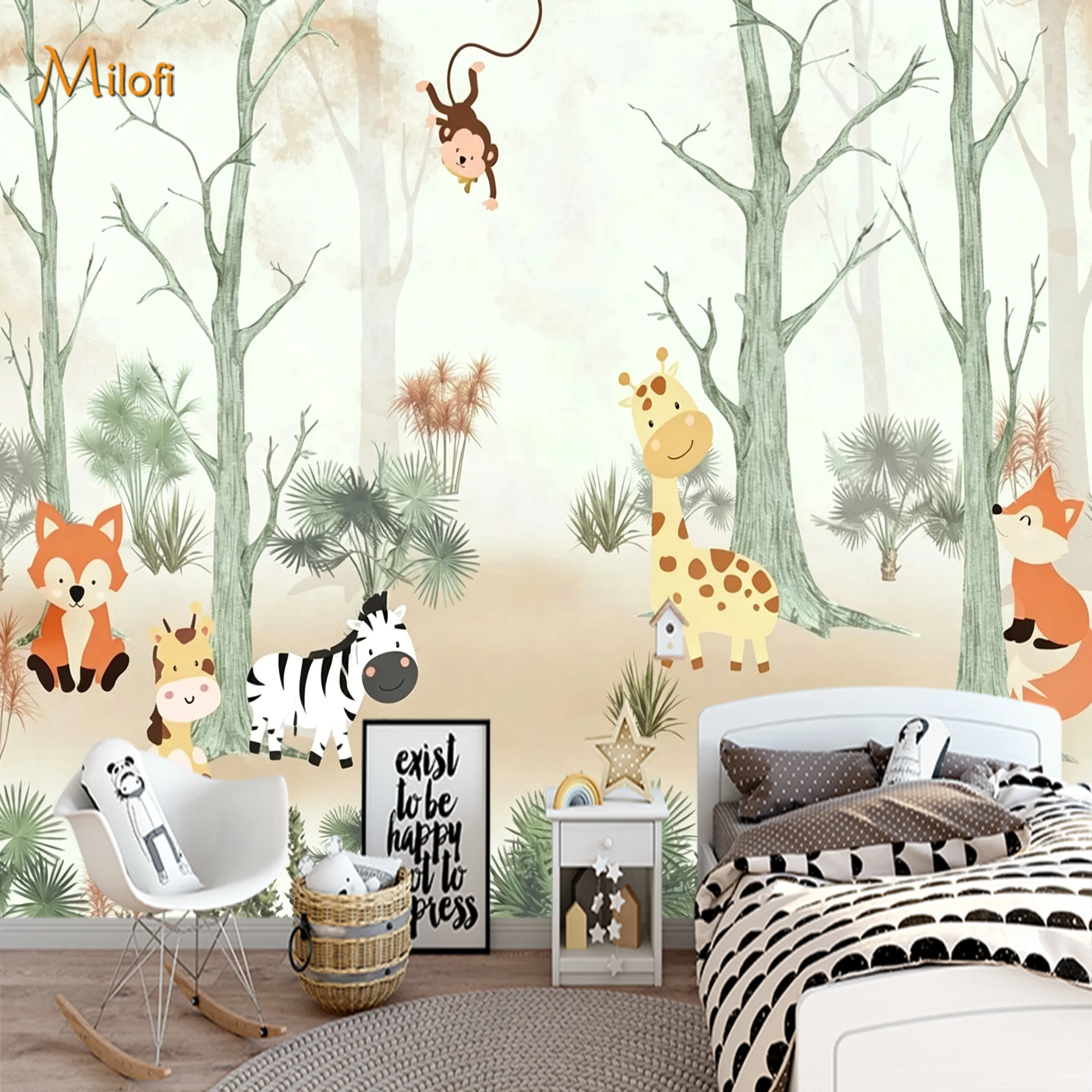 Custom Jungle Animal Wall Mural, Cartoon Fox Giraffe Monkey Zebra Wallpaper for Kids Nursery Bedroom