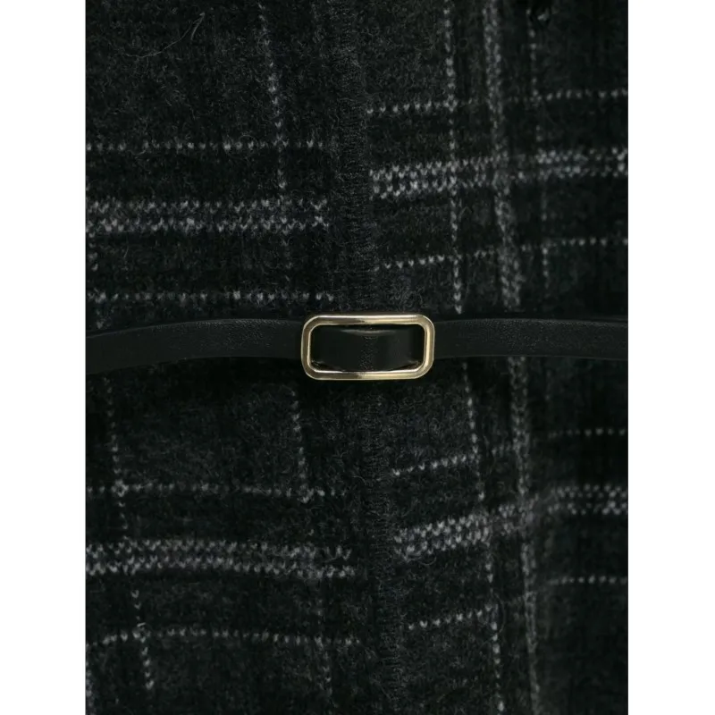 เสื้อคาร์ดิแกนไหมพรมลายตารางสำหรับผู้หญิง แขนยาว คอวี พร้อมเข็มขัด สไตล์วินเทจ ยืดหยุ่น ทันสมัย