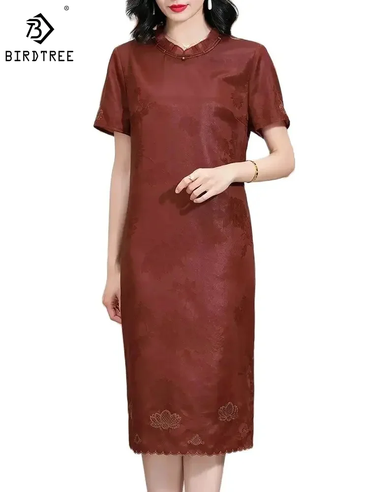 

BirdTree 100%Real Silk Women Dresses, Watered Gauze Short Sleeve Embroidery, Elegant Retro Dress, 2024 Spring Summer D42260QM