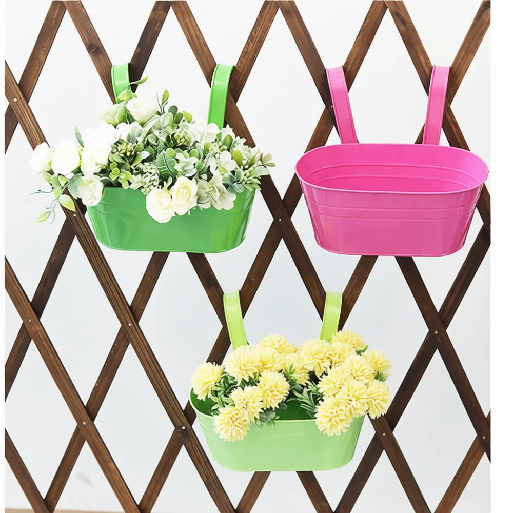 Iron Flower Pot Oval Hanging Planter Metal Balcony Railing Decoration Dual Hook Succulent Planting Garden Basket