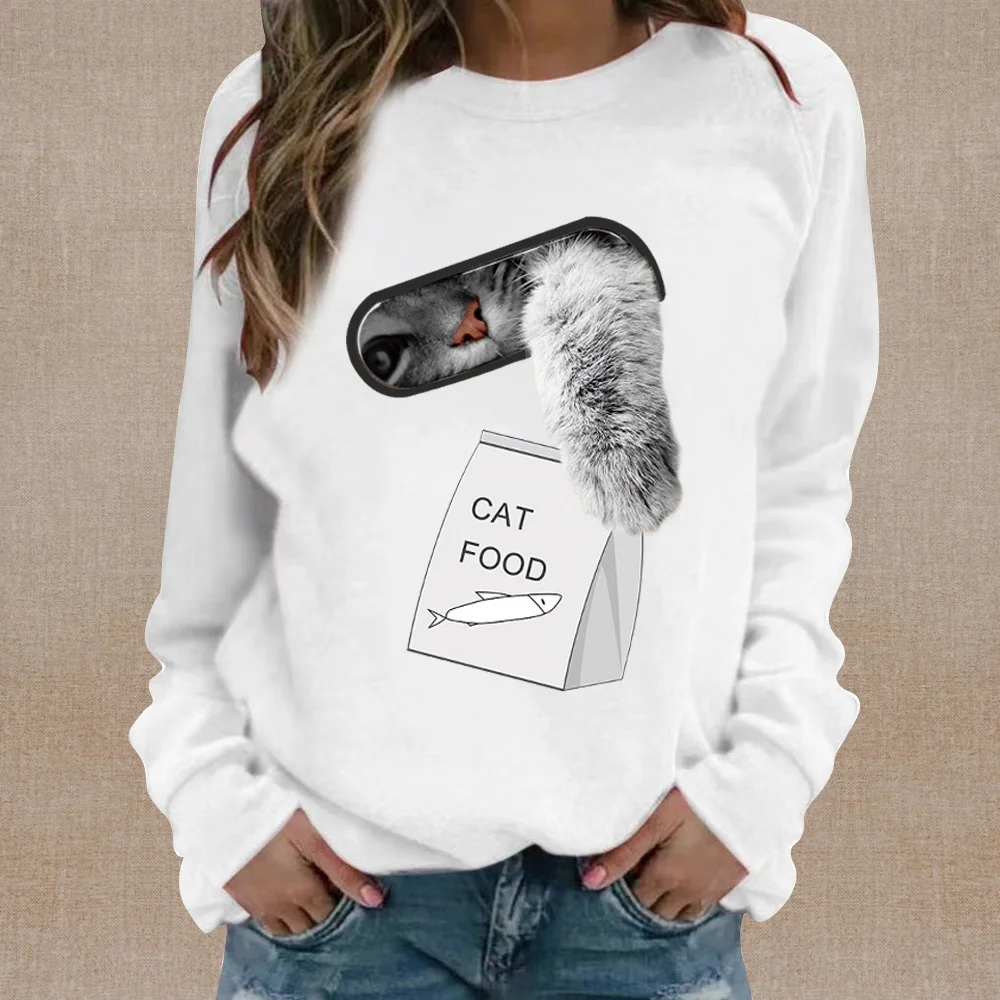 

Women's Crew-neck Hoodie White Casual Long-sleeved Sweatshirt Cute Cat Pattern Printed Fashion Pullover Fashion Women's Clothing