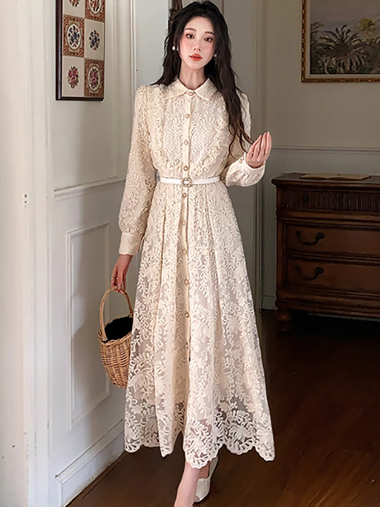 Herbst Spitze Stickerei Langarm Polo Kragen Hemd Kleid Frauen Elegante Verband Kleid 2025, Koreanische Vintage Luxus Abendkleid