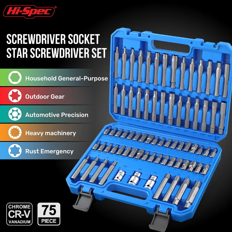 Hi-spec 75pc screwdriver socket Set star screwdriver bit set hexagon 12-point torx set screwdriver phillips Socket Adapter