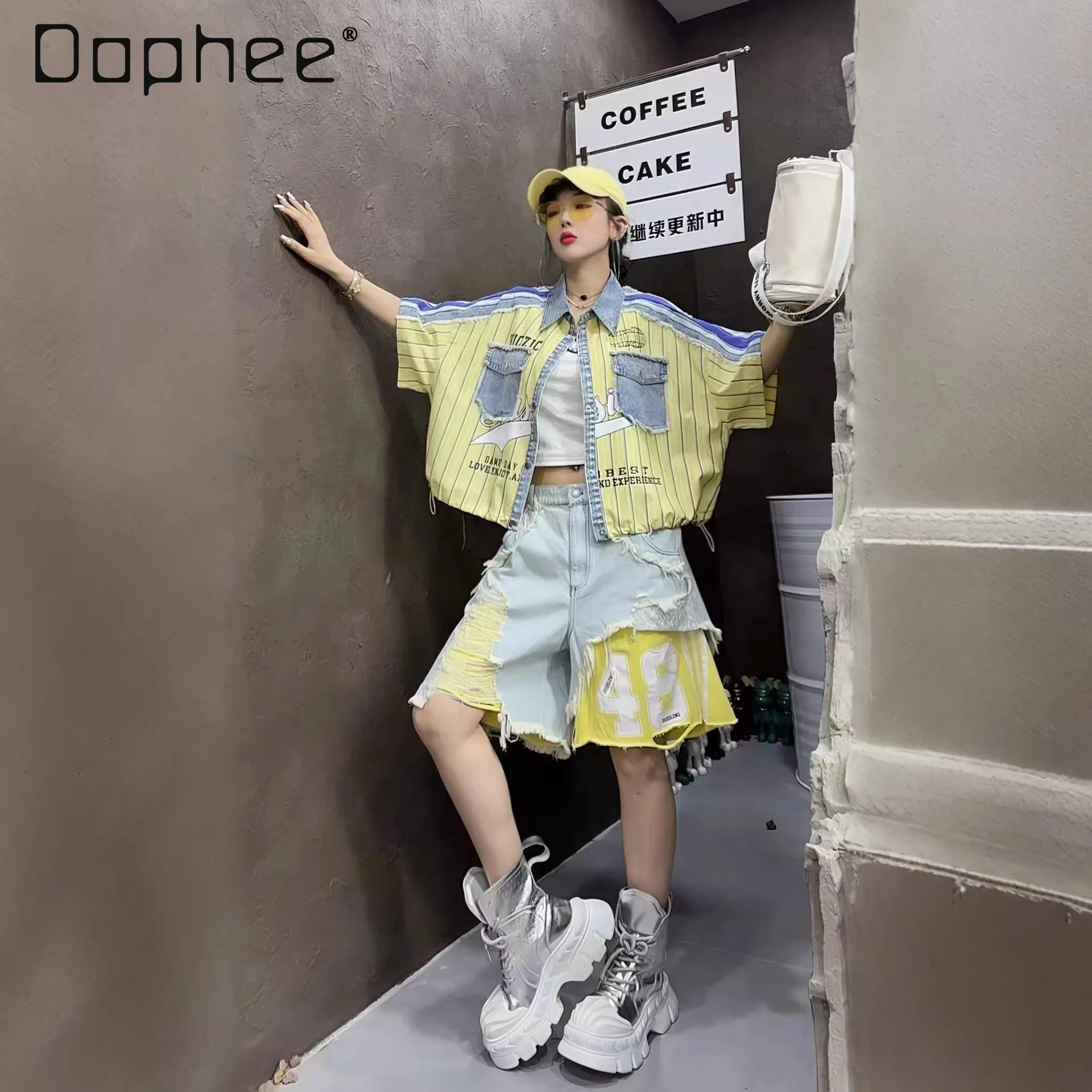 

Trend Suit Women's 2026 Summer New Patch Female Print Short Sleeve Striped Short Sleeve Shirt Denim Spliced Ripped Shorts