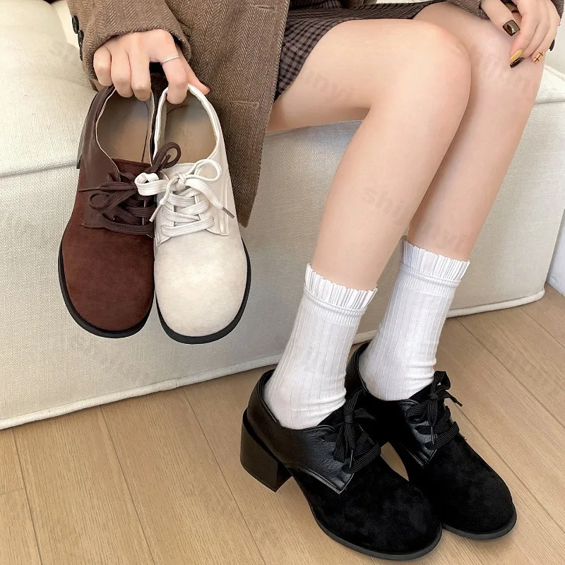 

Women's Retro Low Top Frosted Suede Coarse Heel Single Shoes 2025 Autumn Fashion Versatile Comfortable High Heel Mary Jane Shoes