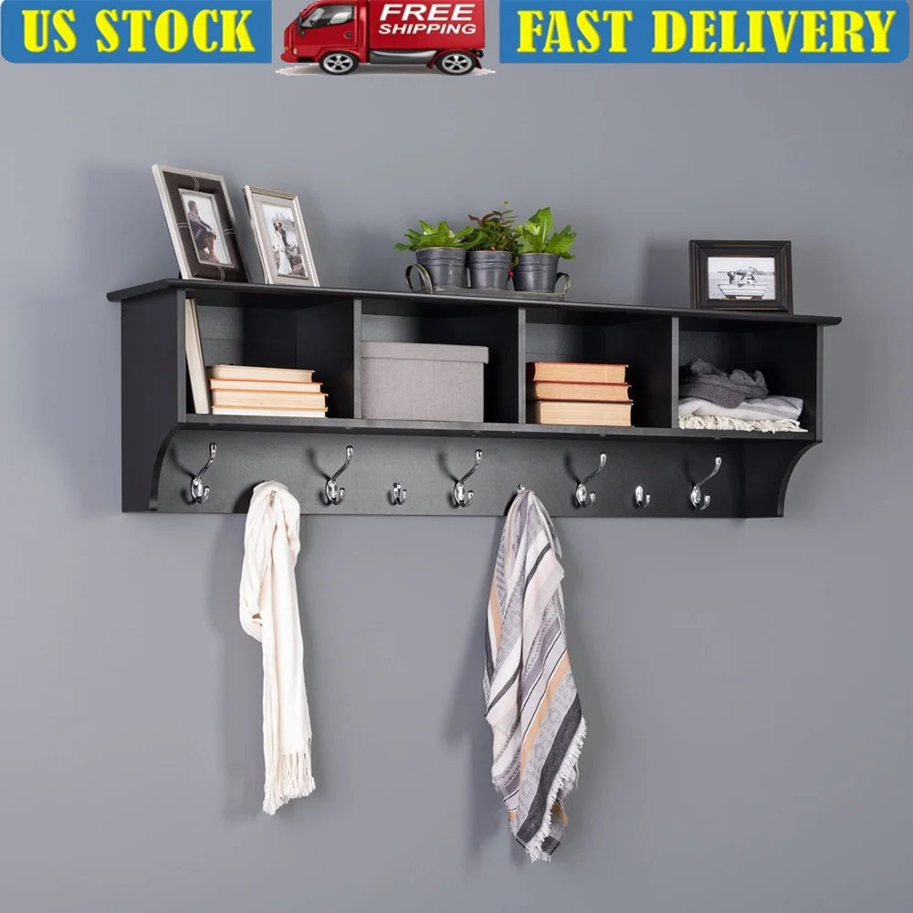 

60 Inch Wide Hanging Entryway Shelf with Hooks and Compartments Mudroom Foyer Storage Easy Installation Black Finish