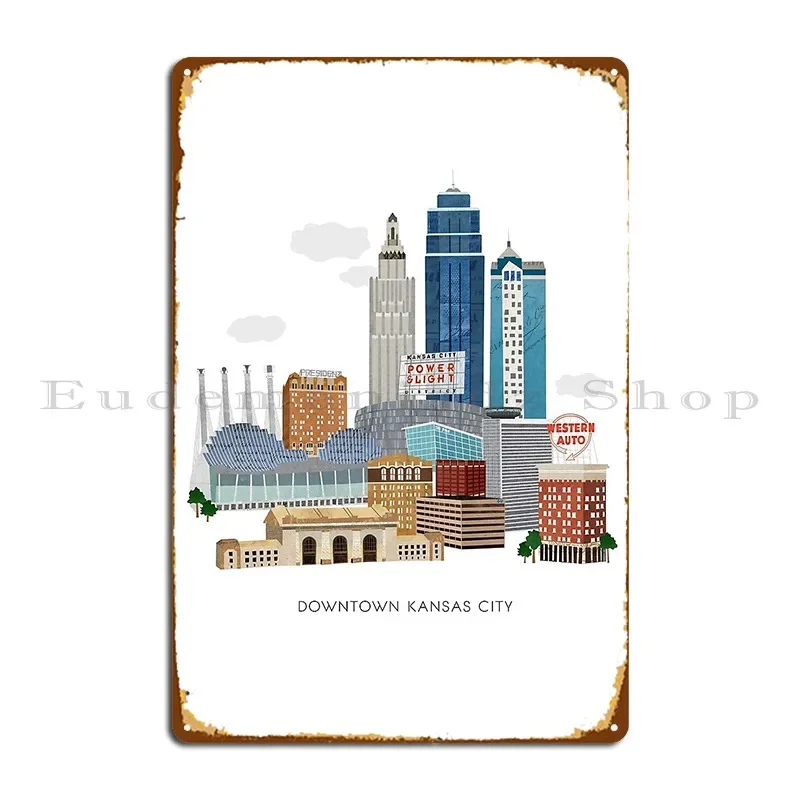 Downtown Kansas City Illustration Metal Plaque Vintage Poster Designing Poster Designing Tin Sign Poster