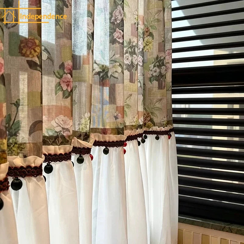 New Linen Yarn Oil Painting Printed Skirt with Spliced Window Screen for Living Room Bedroom French Window Balcony Customized