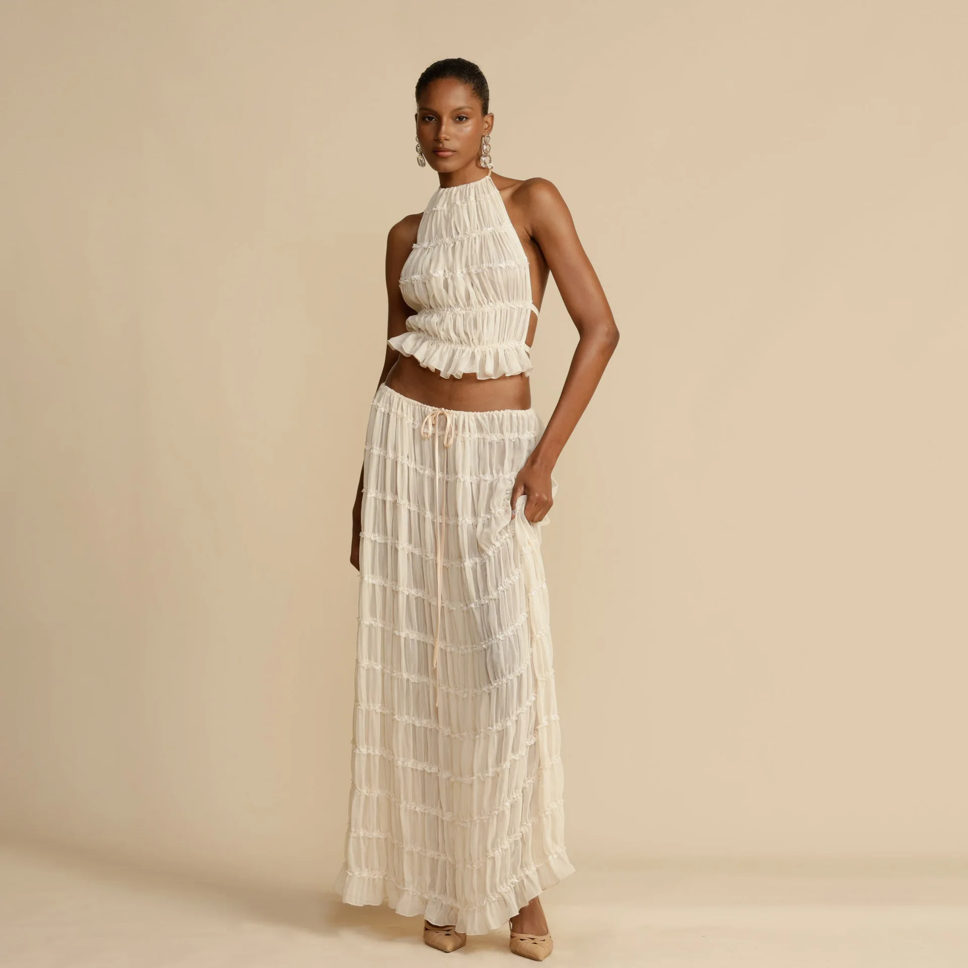 

Women Clothing Set Backless Lace-up Halterneck Cami Tank Top & High Waist Elastic Skirt Ankle Length Sexy Solid Color