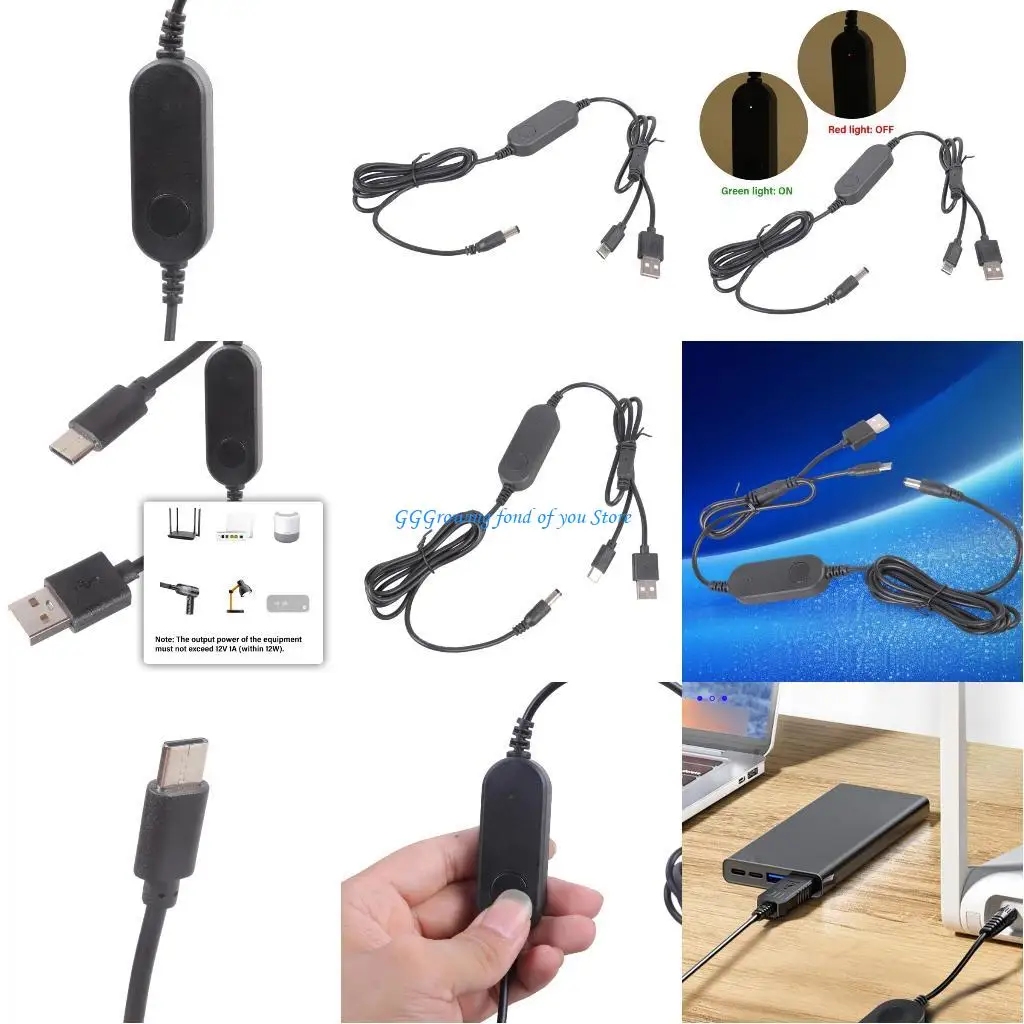 

H9EB USB+Type C To DC5.5x2.1mm 12V Step Up Converter Cable With Switches For Router