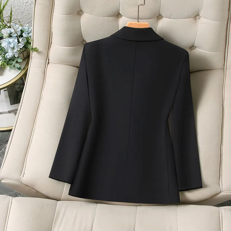 Slim Fit Black Suit Jacket Women's Fashionable Professional Style Casual Interview Work Daily One Button Long Sleeve Coat