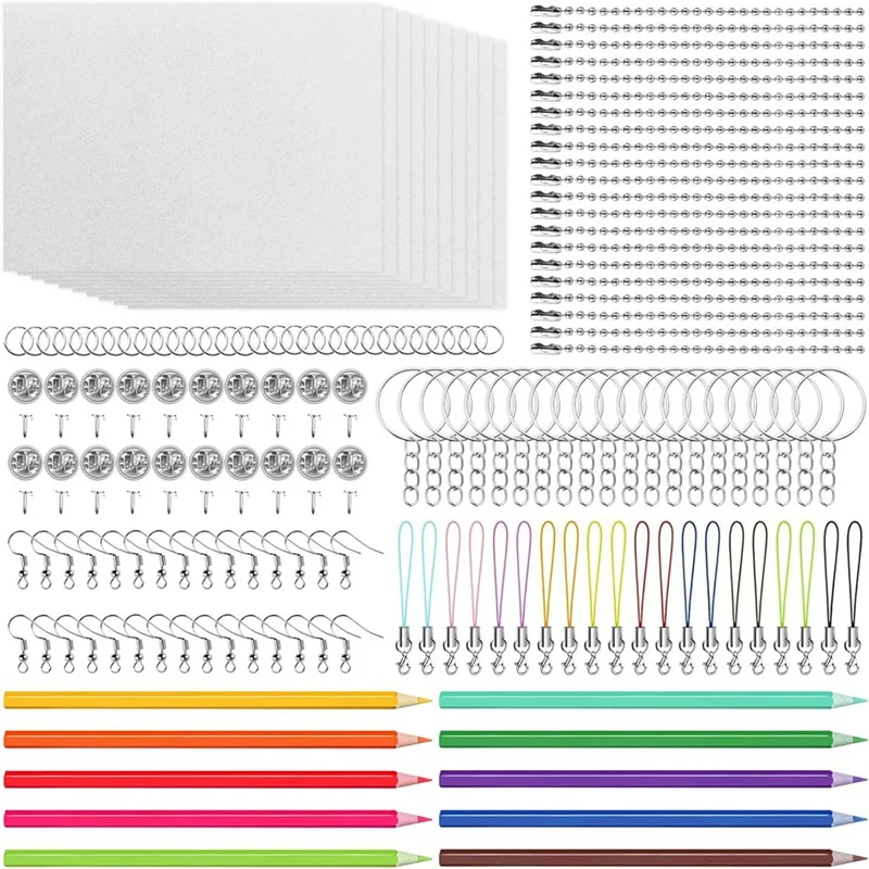 Shrink Plastic Sheet Kit W Blank Sheets Shrinky Art Paper, Colored Pencils, Keychains, Earring Hooks,For Crafting