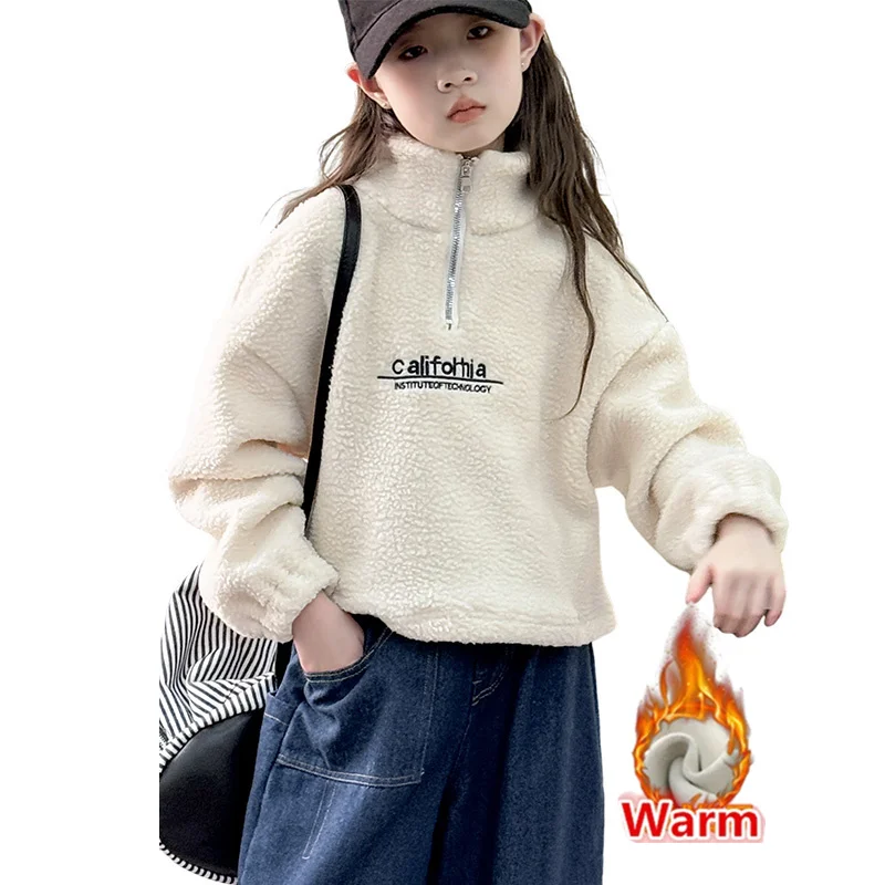 Winter Kids Warm Turtleneck Sweatshirt For Girls Thick Outerwear School Child Corduroy Wool Sweatshirt Outfit 5 7 9 10 12 14 Y