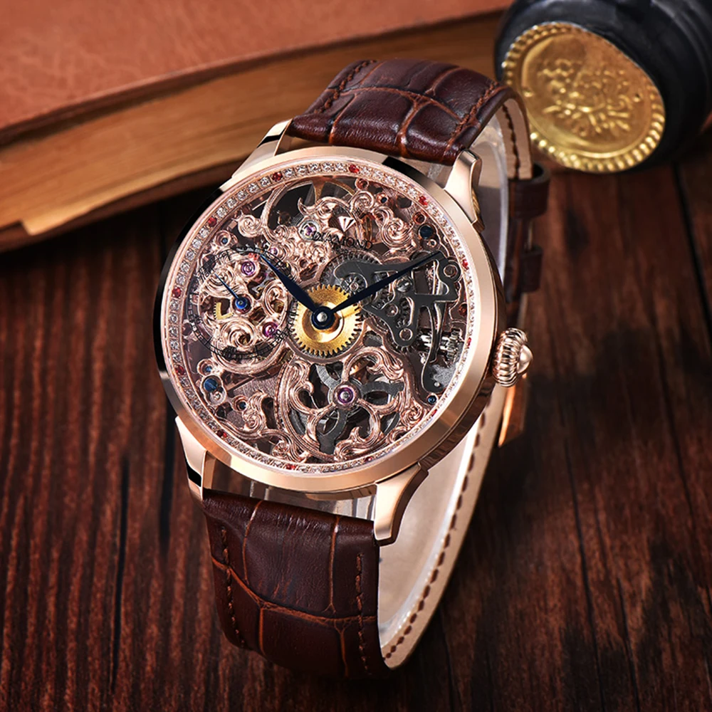 Shanghai Diamond Watch Men Luxury Hand Wind Mechanical Wristwatches 41mm Top Brand Hollow Carved Clocks Relojes Para Hombre 1939