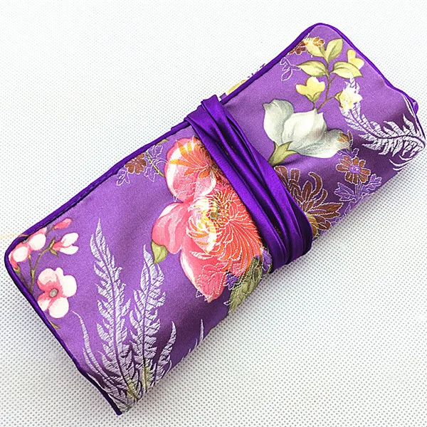 Custom Zip Roll Up Cosmetic Jewelry Storage Bags for Travel Packaging Drawstring Chinese Silk Brocade 3 Zipper Pouches (20pcs)