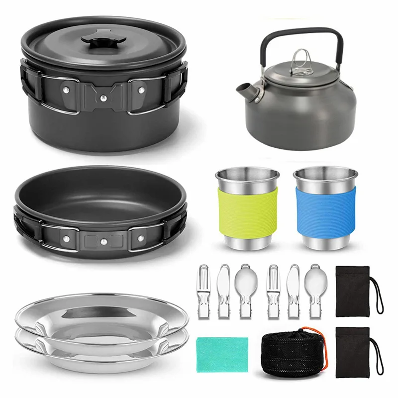 15Pcs Camping Cookware Set Portable Outdoor Pot Pan Kettle Plates Cups Cutlery Kit for Camping Hiking Picnic Backpacking