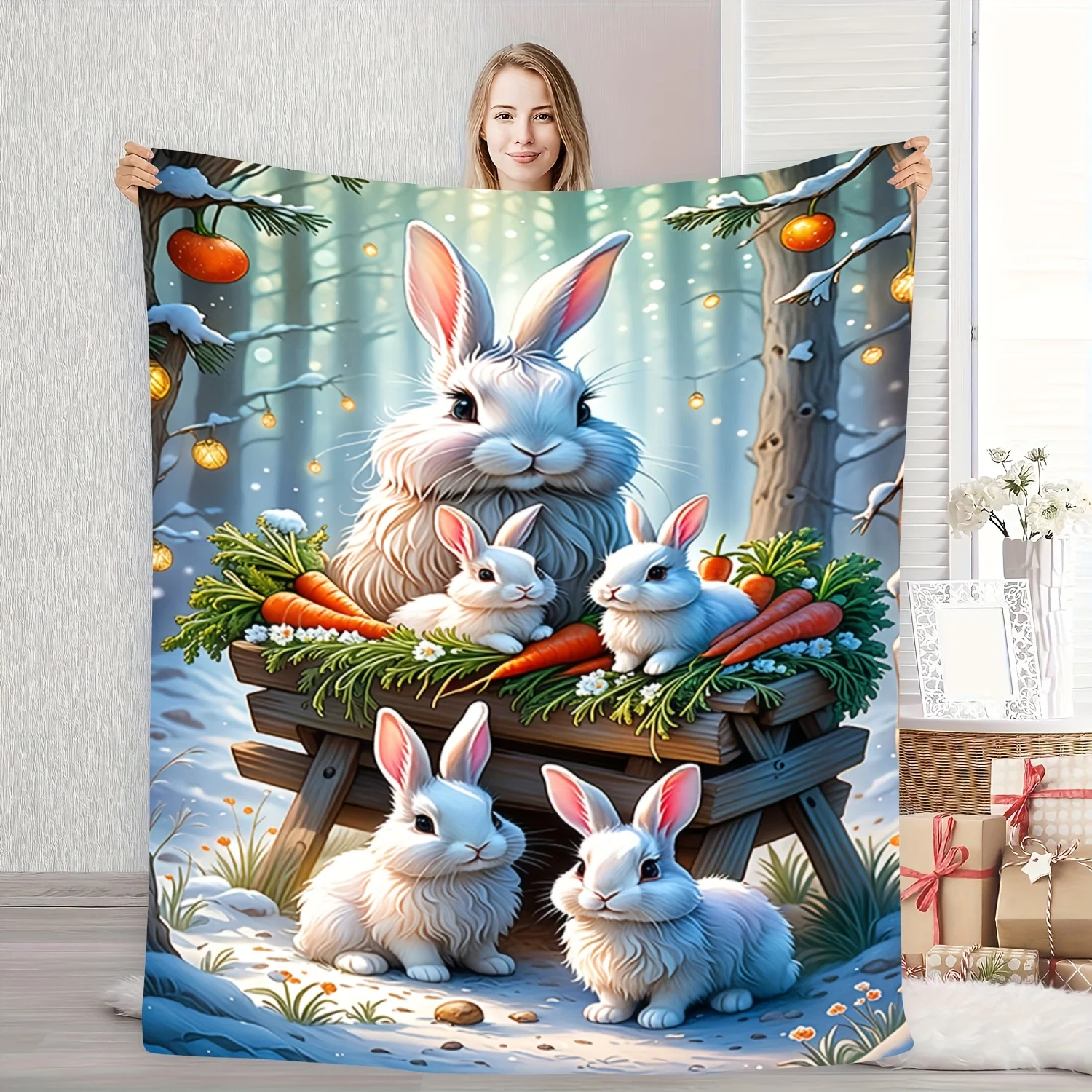 Adorable Easter Bunny Spring Throw Blanket Cartoon Seasonal Home Couch Decor Cozy Gift for Holiday Living Room