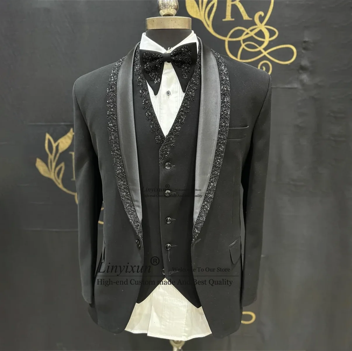 

Elegance Beaded Ornament Tuxedos Men Suits 3 Pieces Wedding Groom Dinner Party Male Prom Blazers Slim Ternos Completo