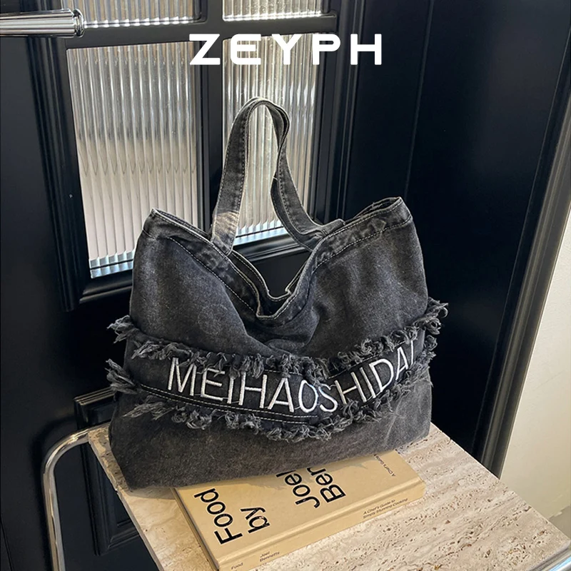 

Zeyph Simple Solid Colour Denim Print Women s 2025 Spring Summer New Shoulder Bag Large Tote Bag