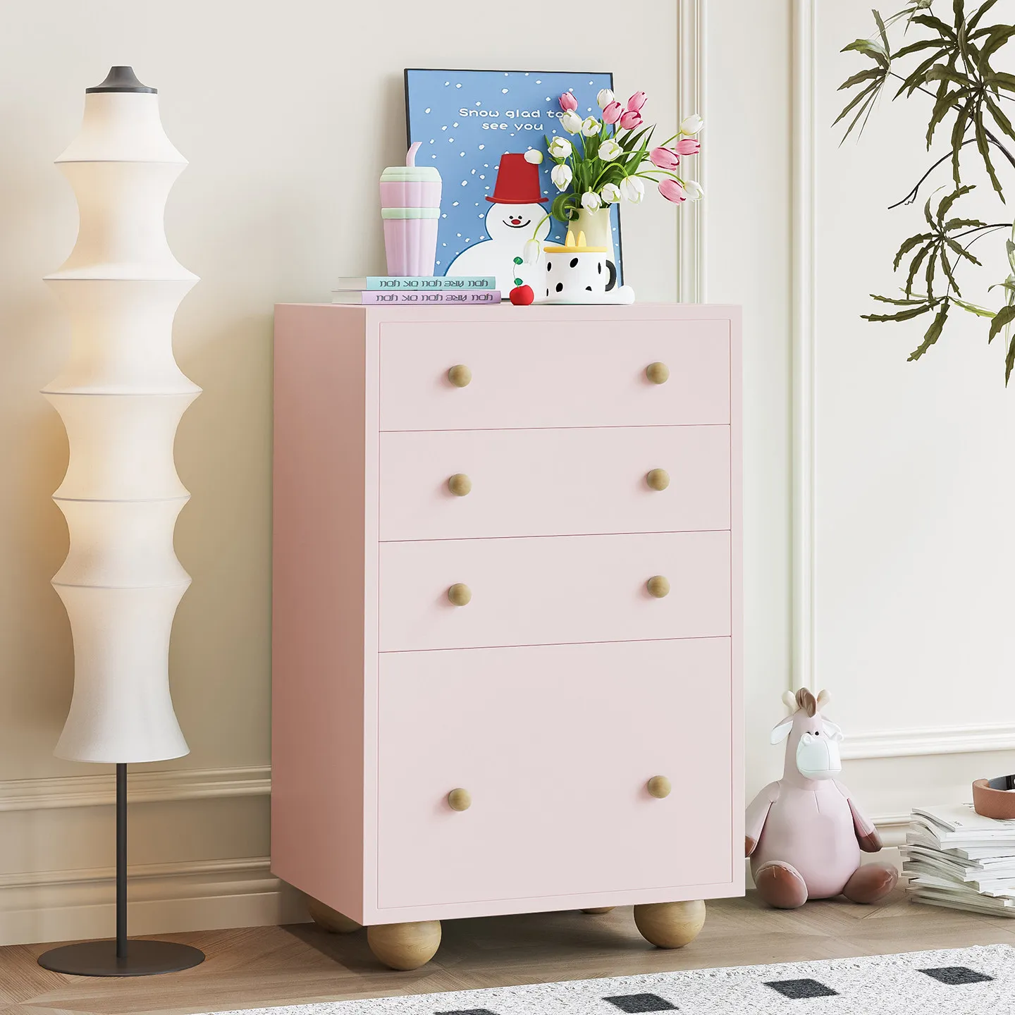 Cream wind solid wood four-chest cabinet dopamine living room porch cabinet household bedroom wall multi-layer large drawer