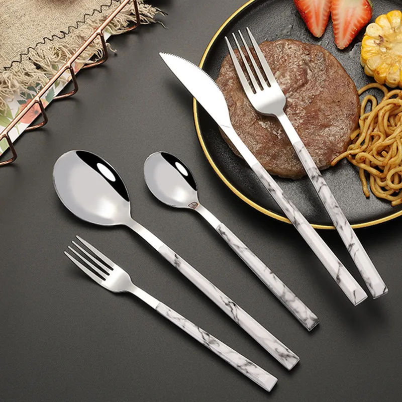 Marble Handle Cutlery Set Tableware Creative Stainless Steel Spoon Fork Knife Dinnerware Set Western Utensils for Kitchen