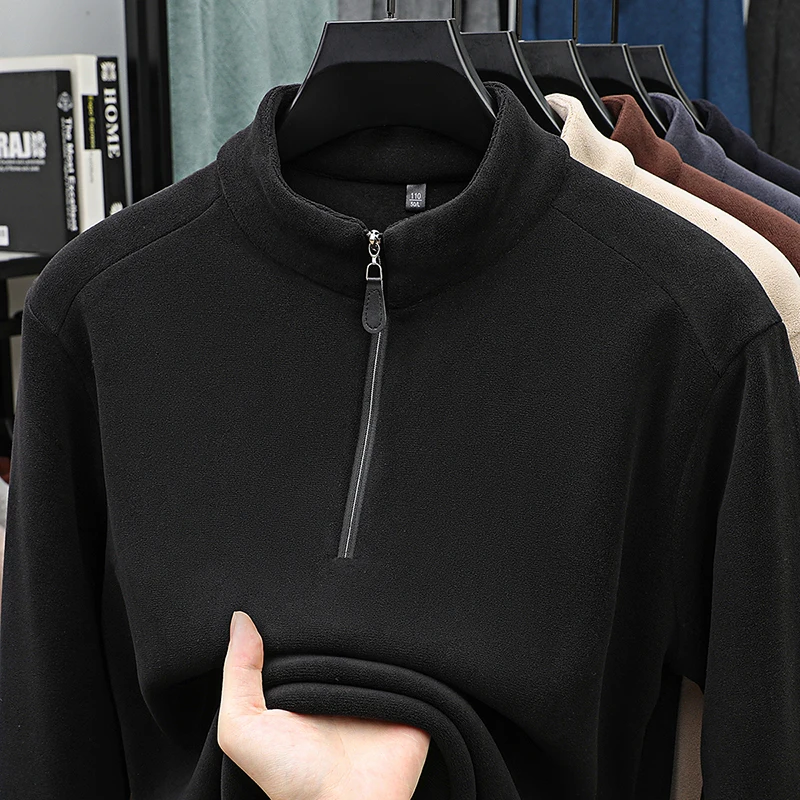 

2025 Autumn/Winter New Men's Long Sleeve T-shirt Half Zipper Double Sided German Velvet Warm Thickened Hoodie Bottom Shirt