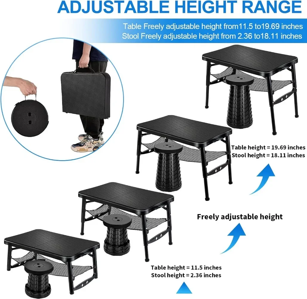 格納式折りたたみテーブルとスツールセット、キャンプ用のポータブルで折りたたみ可能なテーブル、軽量で頑丈