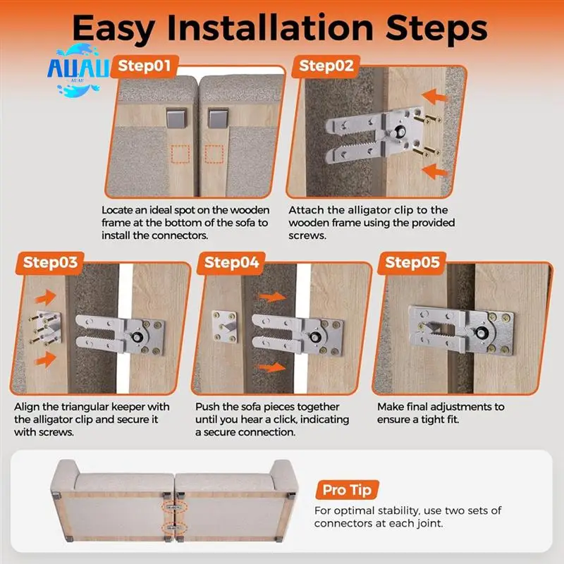 

AUAU-секционные соединители для дивана, утолщенные соединители для дивана типа «крокодил» с блокировкой для изготовления секционных остановков (4 шт. + 40 винтов)