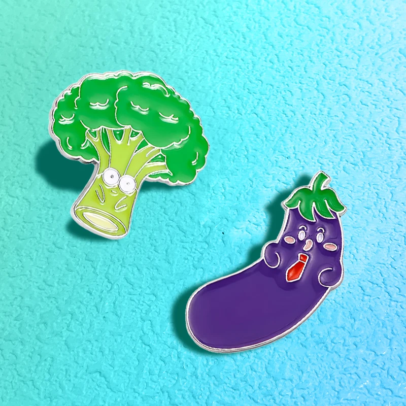 Cartoon Vegetables Pin 2-design Enamel Metal Eggplant Broccoli Pin For Backpack Denim Jacket Outfits Badge Friends Gifts