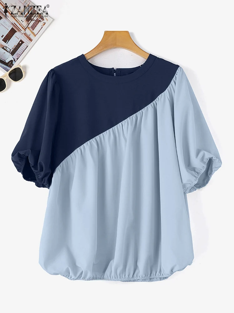 ZANZEA-Blusa plisada holgada de manga corta para mujer, camisa de retazos Irregular, estilo coreano, cuello redondo, Otoño, 2024