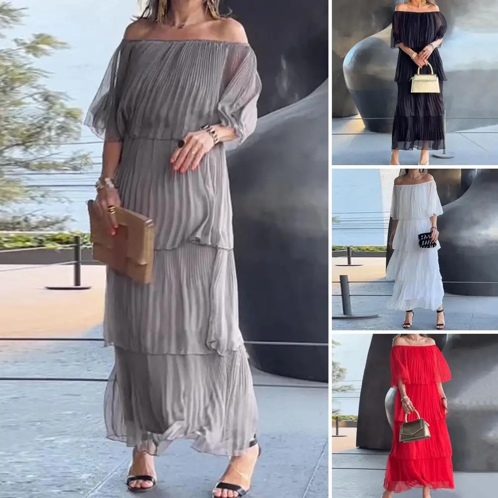 

Dating Dress Elegant Off Shoulder Maxi Dress with Ruffle Hem Pleated Chiffon for Prom Party or Summer Events Women's Fashion