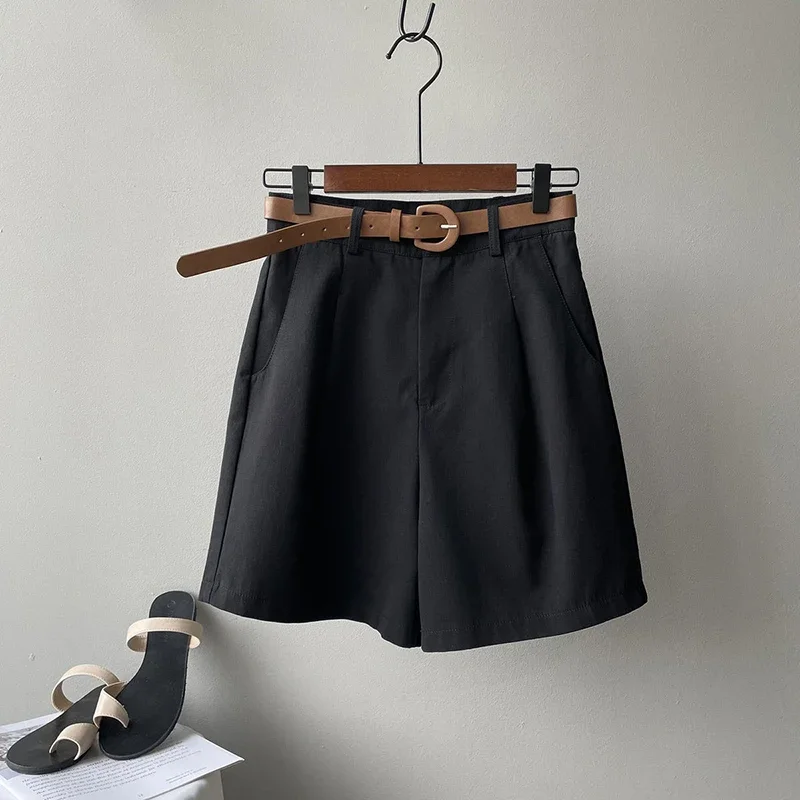 Belt Pure Cotton Shorts Women High Waist Wide Leg A Line Suit Shorts Office Lady Korean Solid Loose Casual All Match Short Pants