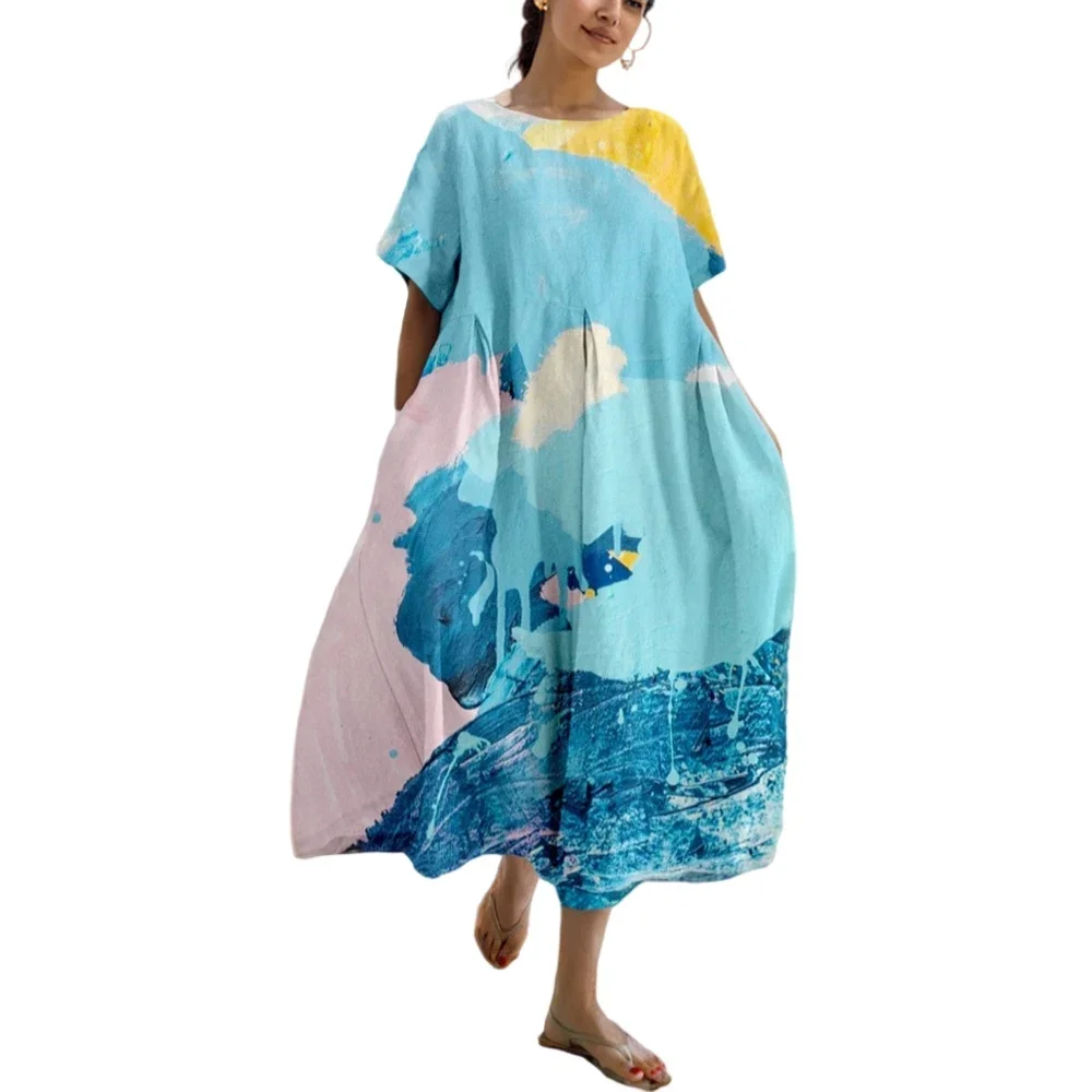 

Vintage Floral Print Dress For Women Fashion O-Neck Short Sleeve Beach Sundress Elegant Dresses Casual Loose Vestidos Plus Size