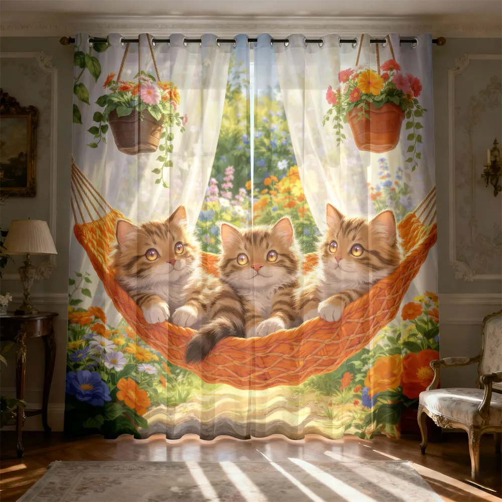 90g Double Opening Curtains Three Kittens Hammock Green Plants Floral Window Scene Pattern Curtains for Home