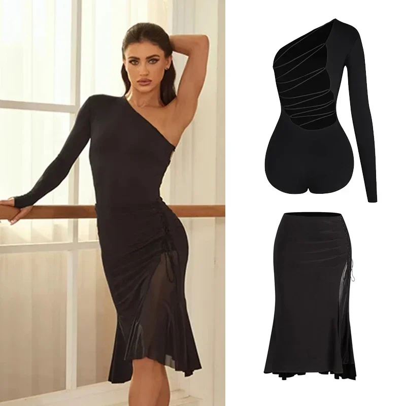 New Latin Dance Clothes Women One-Sleeved Tops Mesh Skirt Black Dress Adult Club Rumba Dance Wear Practice Clothing