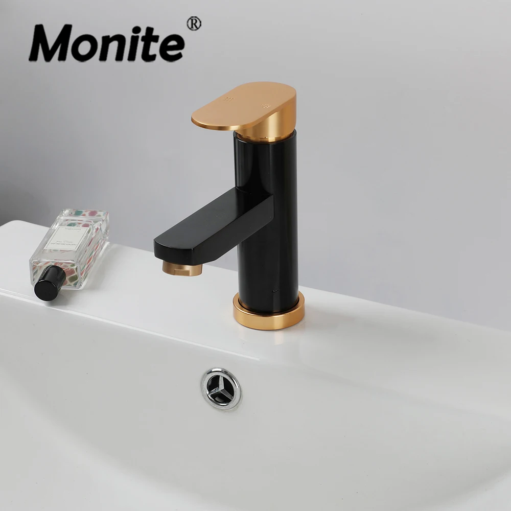 

Monite Black Paired Bathroom Basin Faucet With Golden Handle Decke Mounted Single Handle Control Stream Spout Mixer Taps Faucets