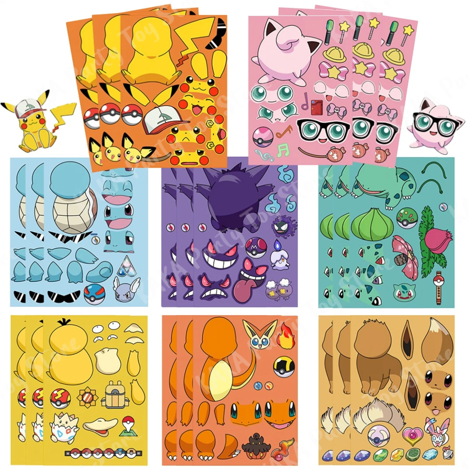 

8/16Sheets Pokemon Make A Face Puzzle Stickers Kids Funny Assemble Jigsaw DIY Games Children Cartoon Jigsaw Education Toys Gifts