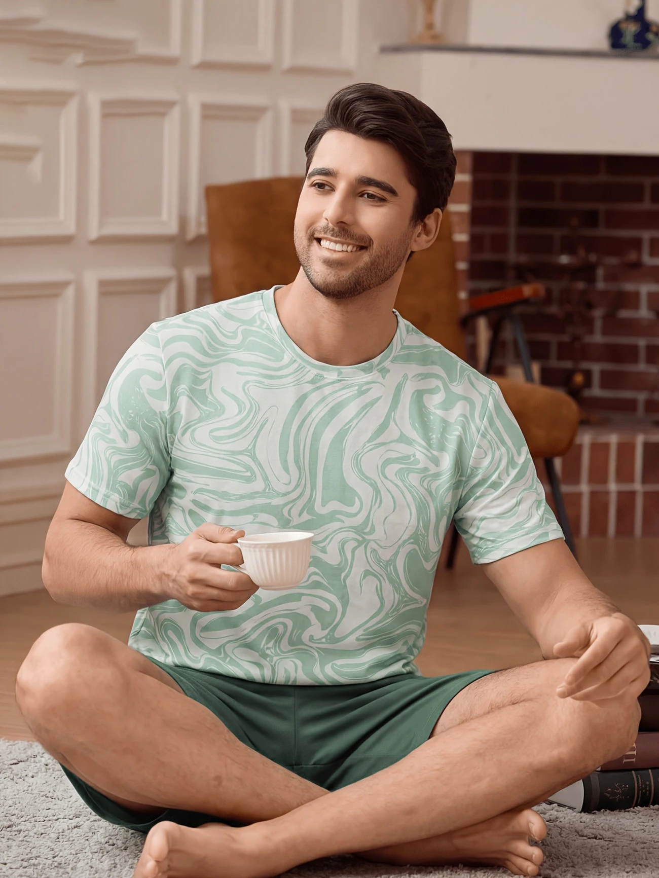Pyjama-Set mit Buchstaben-Bär-Aufdruck, kurzärmliges Oberteil und lockere Shorts, atmungsaktiver Stoff, große Passform, Herren-Loungewear, Nachtwäsche, Pjs – Detail 16