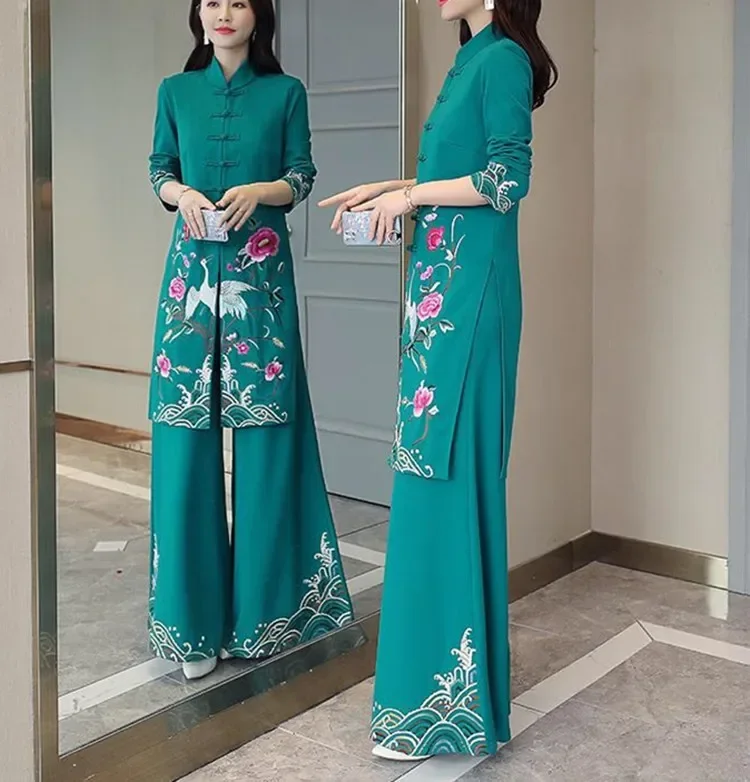 New Vietnam Aodai Chinese Style Long Dress Qipao Chinese Cheongsam Dress Traditional Chinoise two pieces Women Pants Suits