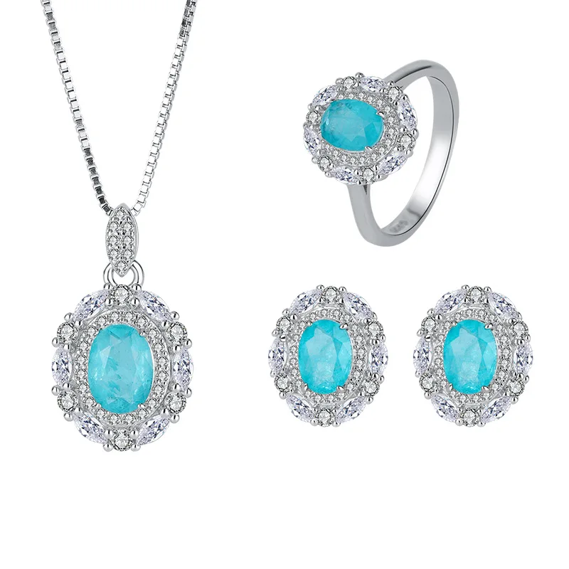 

Jewelry S925 silver plated PT950 inlaid jewelry Paraiba ring earrings pendant cultured gemstone set