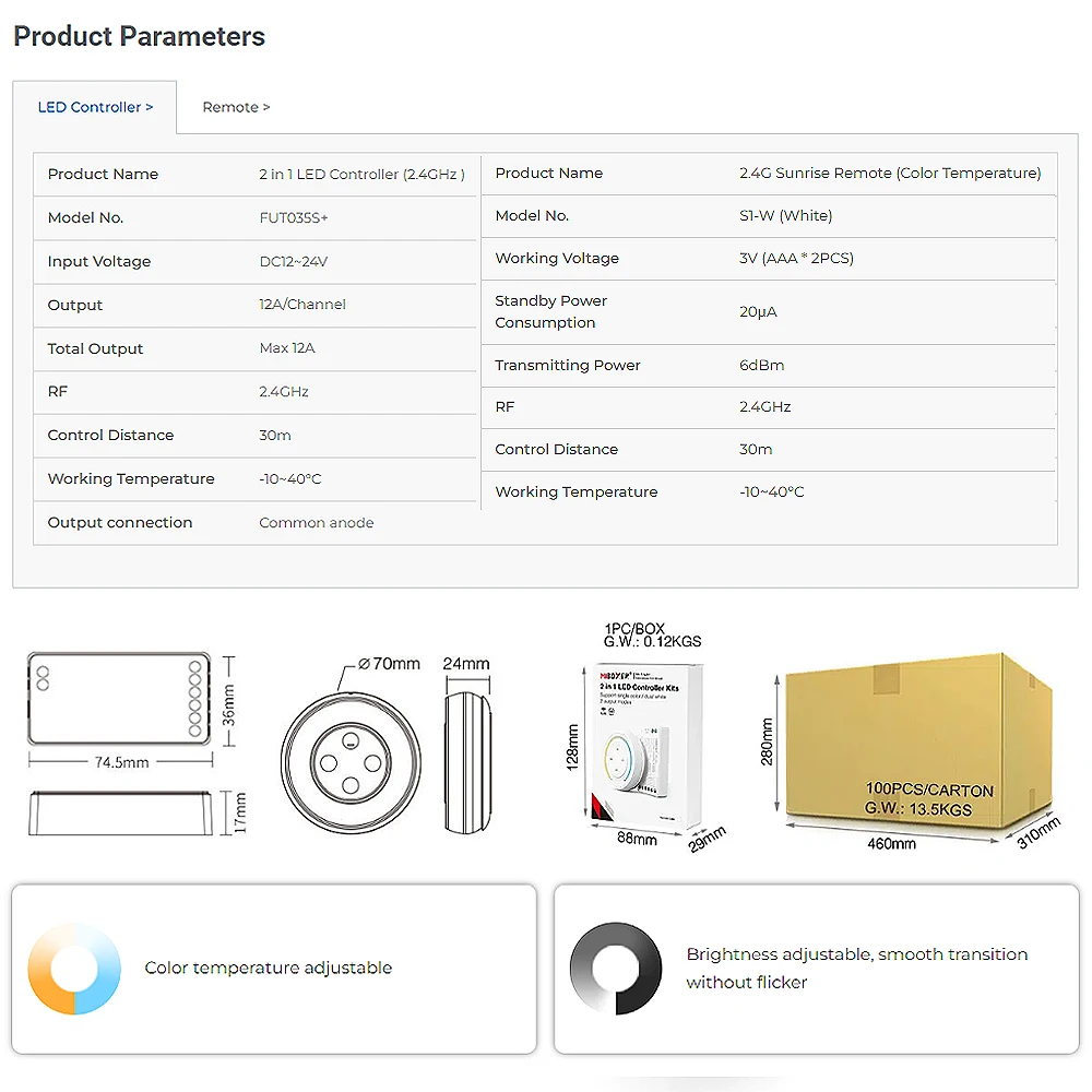 Miboxer FUT035SA + DC12-24V 2,4 GHz zachód słońca regulowana jasność pilot zdalnego sterowania do podwójnej białej/jednokolorowej taśmy LED