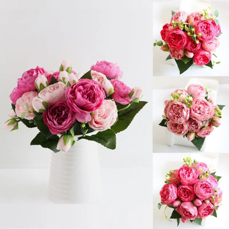 1pcs/30cm Rose Pink Silk Bouquet Peony Artificial Flower 5 Big Small Bud Bride Wedding Home Decoration